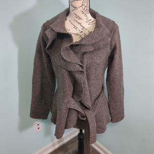 Fenn Wright Manson Sweater Cardigan Womens small brown Lambs Wool Ruffle Tie Bel